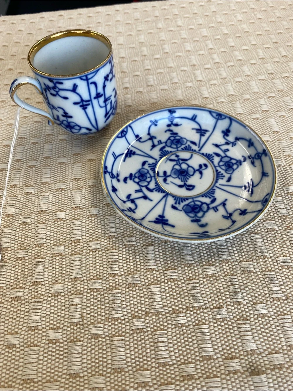 Blue and White Porcelain Demitasse Cup & Saucer with Gold Trim